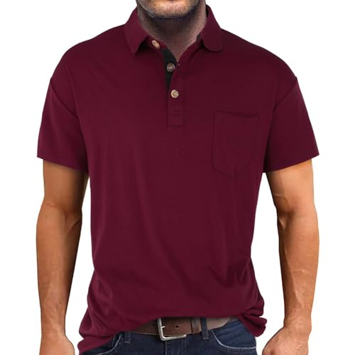 Camiseta para hombre de manga corta – Slim Fit Henley – Polo con botones – Tennis Golf Polo con bolsillo – Camiseta deportiva – Camiseta interior para hombre, Vino, 3XL