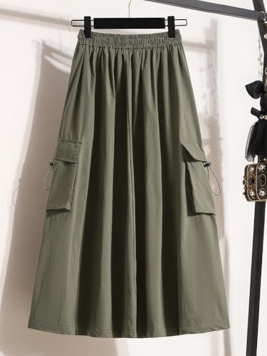 ebossy Women's Vintage Cotton Drawstring Elastic Waist Multi-Pockets Utility Pencil Long Cargo Skirts2