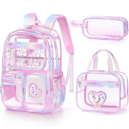 Fimibuke Transparenter Rucksack für Mädchen, 3 Stück, strapazierfähig, PVC, transparent, Kinderrucksack für Teenager, Mädchen, mit Lunchbox und Federmäppchen, Rainbow Pink, 10x3x13 inches, 7L