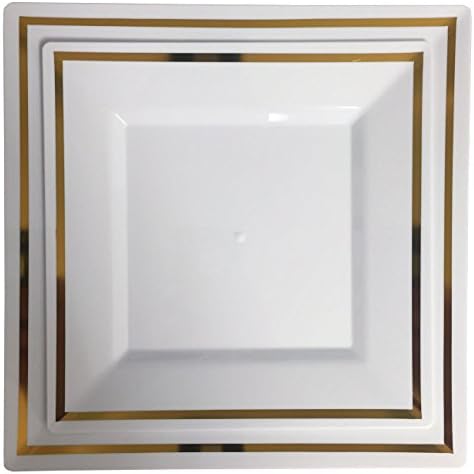PLEXWARE 40 Pcs White Heavy Duty Plastic Disposable Plates Set with Golden Swirl Rim, 8.2" Lunch - 20 Pcs, 9.5" Dinner - 20 pcs, Square Premium Disposable Plates for Party/Wedding