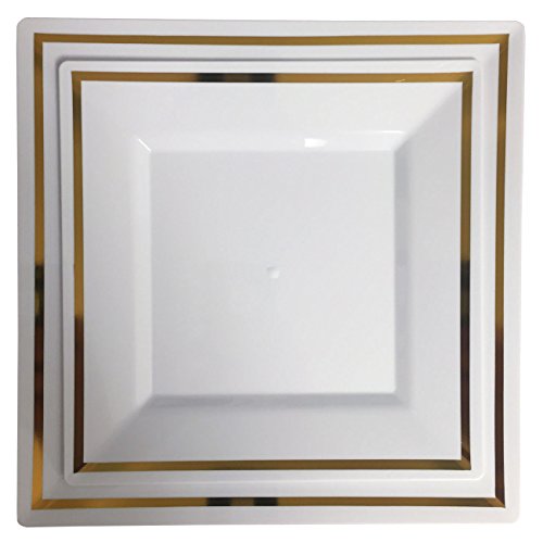PLEXWARE 40 Pcs White Heavy Duty Plastic Disposable Plates Set with Golden Swirl Rim, 8.2" Lunch - 20 Pcs, 9.5" Dinner - 20 pcs, Square Premium Disposable Plates for Party/Wedding