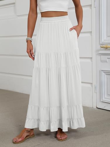 Image of ANRABESS Womens Maxi Skirt Elastic High Waist Swing Tiered A-line Flowy Pleated Boho Beach Vacation Long Skirts