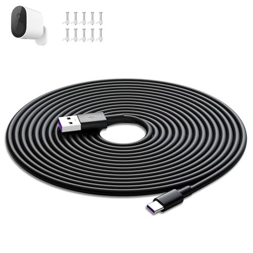 USB to USB-C Camera Charging Cable 10m, Power Extension Cable for Vimtag Mini G3 Xiaomi Smart Camera C400 C500 Pro, Type C Charger Cord with 10 Wire Clips for Security Camera Outdoor/Indoor Black