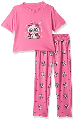 T2F Girls Cotton Printed Oversized Fit Crop Top and Pant Pajama Set