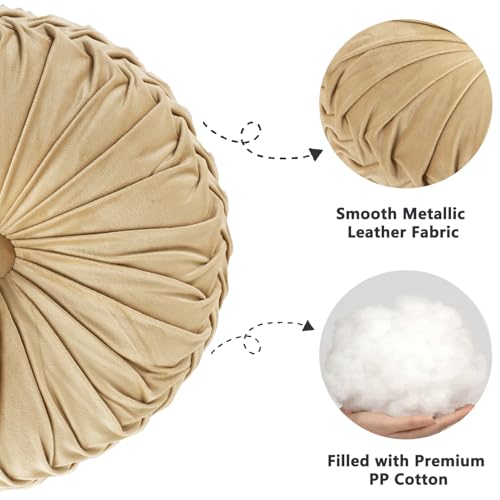 Image of HIG Set of 2 Decorative Round Pleated Throw Pillows,Classy Accent Pumpkin Throw Pillows with Center Button,Vintage Velvet Floor Pillows for Sofa Vanity Chair Bed,Apricot,14.5 inch Diameter(Ripple)