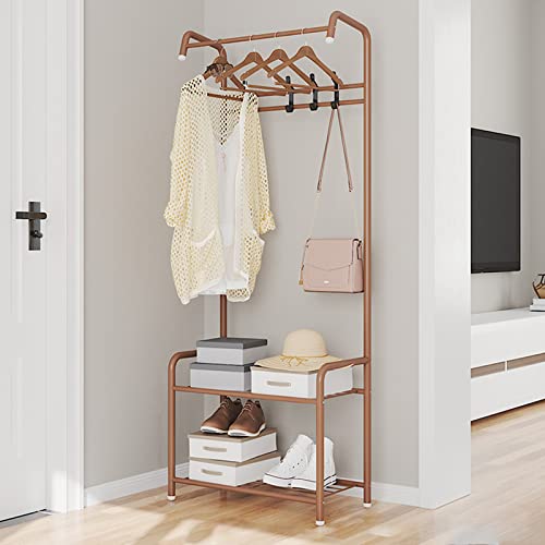 PIOJNYEN Garderobenständer Multifunktionale Kleiderständer Metall Flurgarderobe mit 2 Schuhablagen mit 4 Haken Offener Kleiderschrank für Schlafzimmer Brown (LXWLH) 67X30X165CM Cover