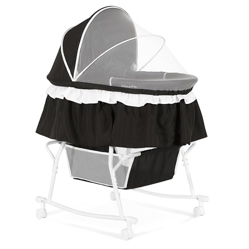 Dream On Me Lacy Portable 2-in-1 Bassinet & Cradle with Full Canopy, Storage Basket, Locking Wheels, Lightweight Frame, BSA Certified, Includes 1” Mattress Pad -Black