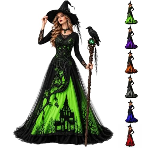 CHENXDZHAO Witch Dress For Women,Witch Dress For Women Sexy Long Sleeve V Neck Slim Fit Halloween Dresses Medieval Renaissance Gothic Vampire Costumes,Green,L - image 1