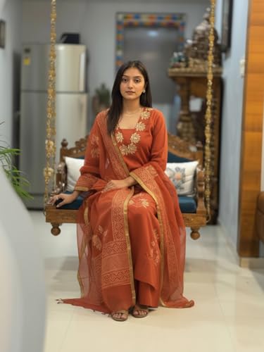 Image of ANNI Designer Women's Rayon Viscose Straight fit Printed Embroidered Kurta with Pant & Dupatta | Ethnic Kurta Set for Women | Daily, Office & Festive Traditional