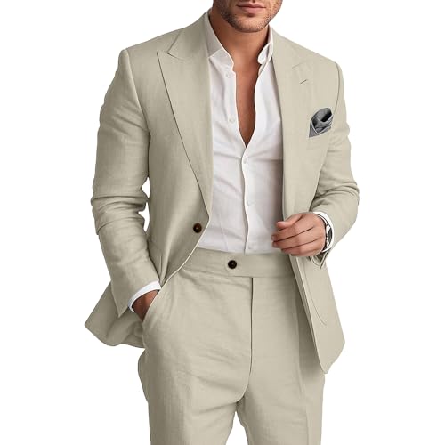 Men's 2 Pieces Linen Suits Casual Lightweight Summer Beach Groom Wedding Suit Linen Blazer Pants Set2