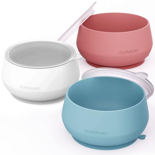Image of NumNum Suction Bowls for Babies & Toddlers, Extra Strong Non-Slip Suction, 100% Food-Grade Silicone, BPA-Free, Microwave & Dishwasher Safe, Baby-Led Weaning Bowl, 3-Pack With Lid, Blue/Mauve/White
