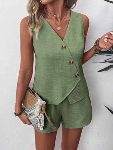 MINTLIMIT Womens 2 Piece Outfits Summer Sleeveless Blazers Button Linen Vest Shorts Set Casual Matching Sets2