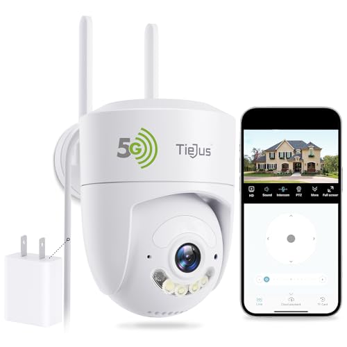 TIEJUS 2.4G/5G Security Camera Outdoor, 2K Wired Cameras for Home Security, 360° PTZ Rotating, 24/7 Recording, Color Night Vision, AI Human Auto Tracking, 2-Way Audio, Alexa, IP66