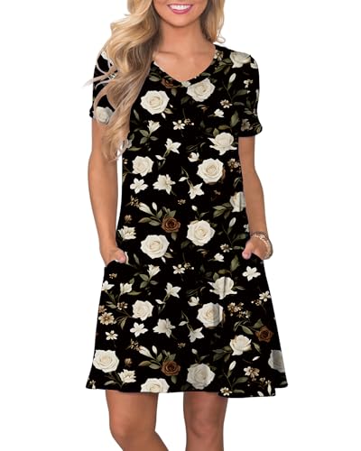 Image of COSSEN Women's Casual T Shirt Dress V-Neck Short Sleeves Swing Dresses Birthday Party Summer Travel Beach with Pocket