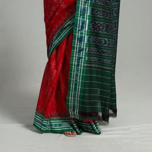 Image of ODISHAHANDLOOM Sambalpuri Pure Cotton Handloom Saree, Traditional Ikat Pattern, Red and Green, Without Blouse