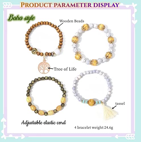 GAUEIOUR Boho Multi-Layer Wooden Beaded Bracelet, Elastic Tassel Bracelet - Tree Of Life Design, Women's Pack Of 4