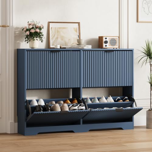 Image of HUANLEGO Shoe Cabinet Storage for Entryway with 4 Flip Drawer, Blue | Fluted Shoe Cabinet with Adjustable Shelves, Hidden Shoe Rack for Entryway, Freestanding Narrow Shoe Organizer for Hallway