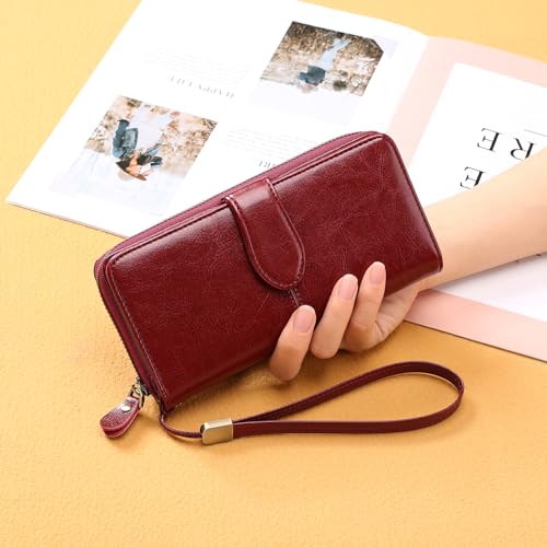 Genuine Leather Wallet for Women RFID Blocking Clutch Wristlet Purse Large Capacity Zip Around (Dark Red)3