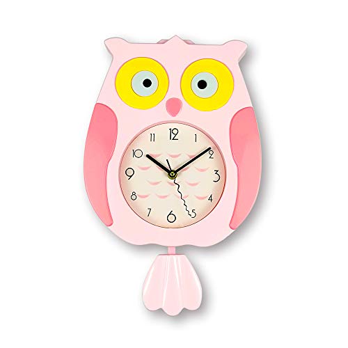ufengke Pink Owl Bird Pendulum Wall Clock with Swinging Tail Large Children Wall