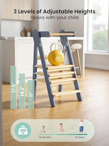 Image of Grownsy Foldable Step Stool Toddler Tower, Toddler Kitchen Stool Helper, Collapsible Kids Standing Tower with 3 Adjustable Heights for Kitchen Bathroom Sink Counter (Blue Gray)