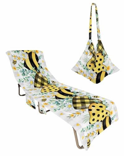 Yellow Love Bee Beach Lounge Chair Towel Cover, Soft Chaise Lounge Towel with Side Pockets Patio Pool Chairs Cover for Beach/Pool Sunbathing 29x85 Green Eucalyptus Leaves Buffalo Plaid Grey
