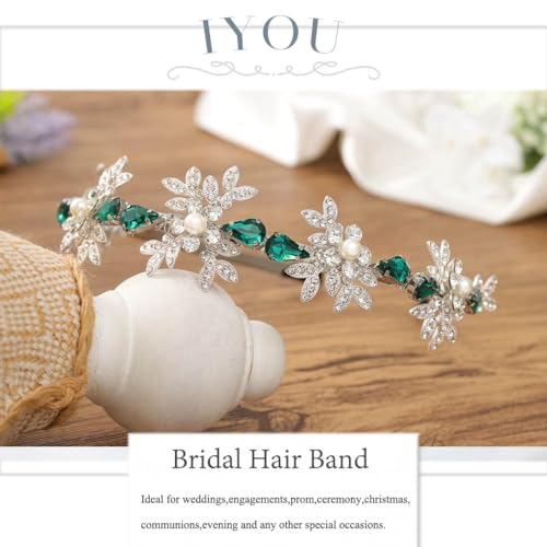IYOU Shiny Crystal Wedding Headband Rhinestone Green Hair Band Leaf Vintage Prom Bridal Hair Accessories for Women - Image 2