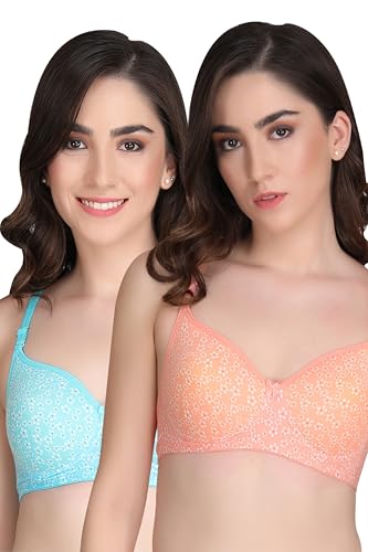 Image of Women Printed Padded Bra - Made of Pure Cotton Full Coverage Non Wired Seamless Pushup Soft Cup for T-Shirt Saree Dress and for Everyday