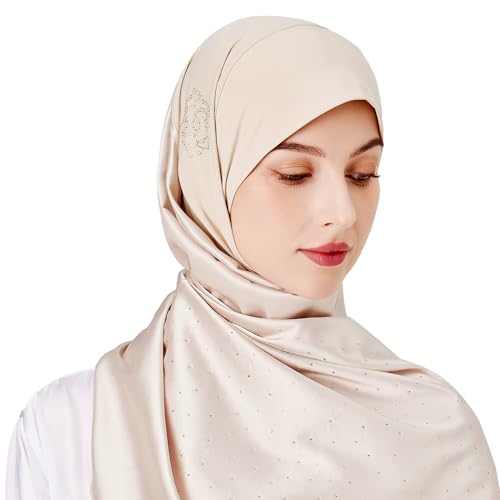 Instant Hijab Scarf for Women - Satin Silky Wrap with Stretch Hood, Colored Rhinestone Scarf