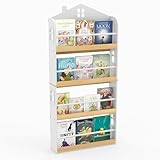 COSTWAY Bücherregal Kinder in Hausform, Kinderregal mit 4 Ablagen & Metallstangen, Wandregal schmal, Spielzeugregal Montessori für Kinderzimmer, Spielzimmer, 61 x 15 x 130 cm, Weiß
