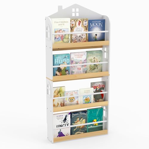 COSTWAY Bücherregal Kinder in Hausform, Kinderregal mit 4 Ablagen & Metallstangen, Wandregal schmal, Spielzeugregal Montessori für Kinderzimmer, Spielzimmer, 61 x 15 x 130 cm, Weiß