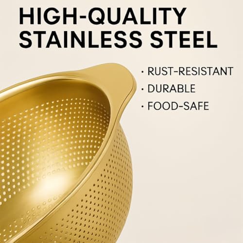 Image of Golden Stainless Steel Colander with Bowl Set | Multipurpose Kitchen Strainer & Drainer | Rust-Free Durable Vegetable Fruit Rice Pasta Washing Bowl | Elegant Serving & Storage Use (Combo)