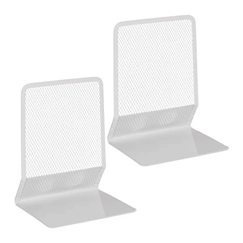 Relaxdays Set of 2 Bookends, Modern Mesh Design, for Books and Folders Dividers, 17 x 13.5 x 10.5 cm, Metal, White, Steel