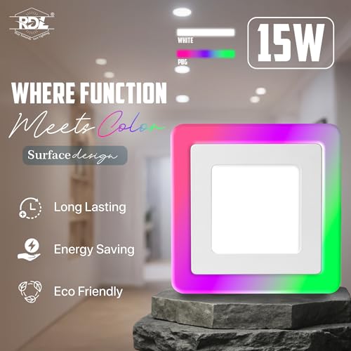 Image of RDL 15Watt Multicolor Surface Ceiling Light with Sqaure Shape | White+PGB | Ceiling Light for Bedroom, Living Room, Kitchen, Balcony | Pack of 1 (Multicolor)