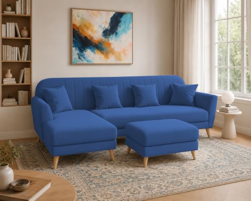 Image of Atticus LHS 6 Seater L Shape Sofa Set with Ottoman Living Room (Blue Colour Fabric) Premium Fabric Sofa Set for Living Room