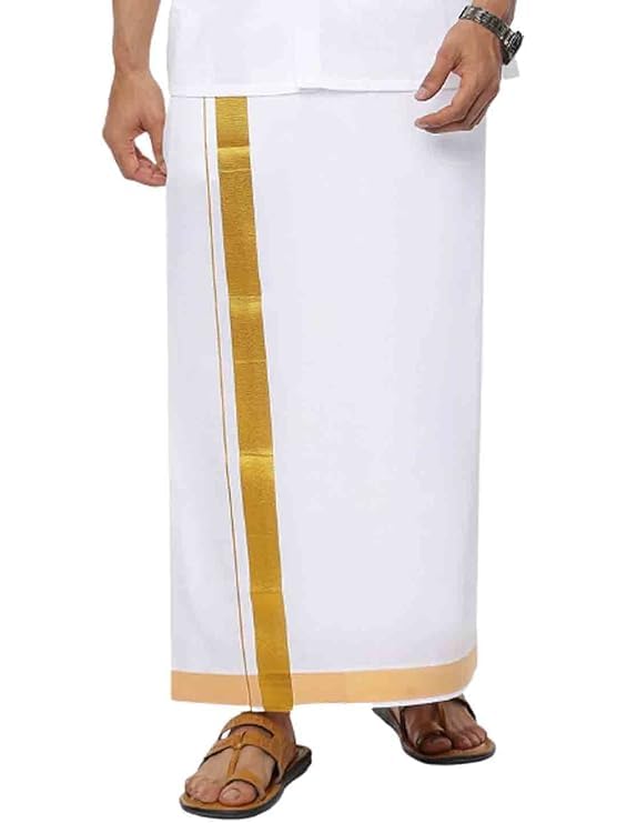 Kolakeer® Men's Easy-To-Wear Welcro 100K Zari Border Cotton Dhoti with Pocket - Double Layer Dhoti with Adjustable Waist Size