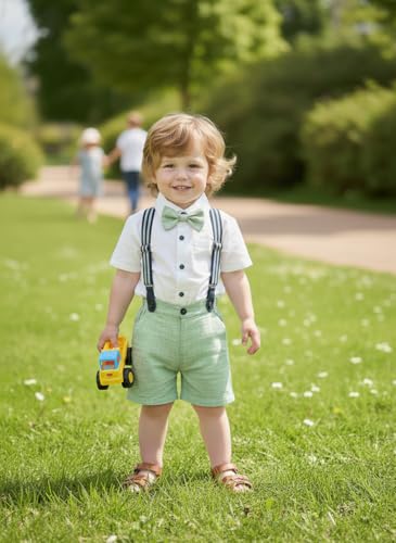 Image of Baby Boy Formal Short Set Toddler Summer Gentleman Outfit Kid Short Sleeve Bowtie Shirt Suspender Shorts Suit