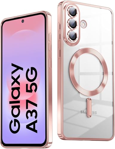 Image of VONZEE Clear Logo Electroplating Transparent Back Case for Samsung Galaxy A37 5G, Magnetic Plating Electroplate TPU Cover, Individual Camera Protection for Each Lens- Rose