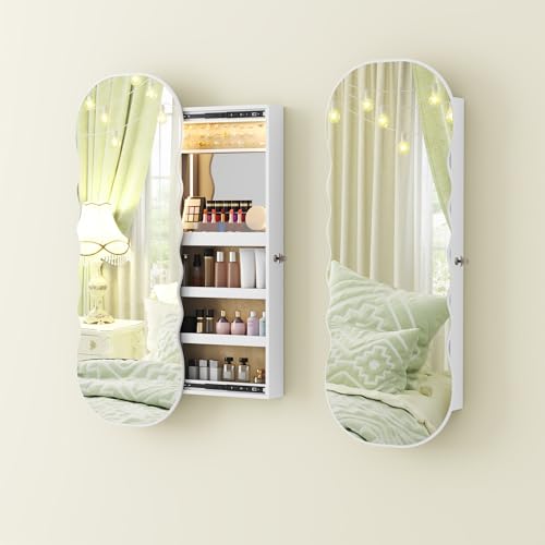 Lvifur Armario Joyero de Pared con Luces LED y Cierre, Puertas Corredizas Espejo de Ondas Espejo...