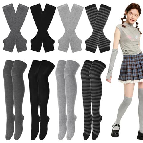 Calcetines altos a rayas y mitones para fiestas de cosplay y Halloween
