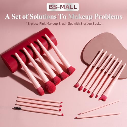 Image of BS-MALL Makeup Brush Set 18 Pcs Premium Synthetic Foundation Powder Concealers Eye shadows Blush Makeup Brushes with black case (Pink Red)
