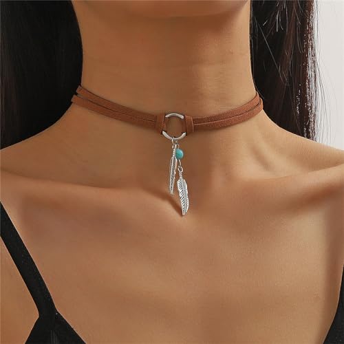 Boho Feather Turquoise Leather Choker Necklace for Women Bohemian Handmade Leaf Layered Black Brown Suede Cowgirl Cowboy Necklace for Western Style Country Party Trendy Jewelry Gifts (Brown)2
