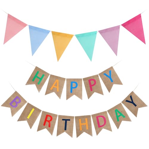 Guirlande Joyeux Anniversaire en Lin avec Fanions, bannière de Lin d'anniversaire Décoration de Bricolage Drapeau Décoration Anniversaire Réutilisable pour...