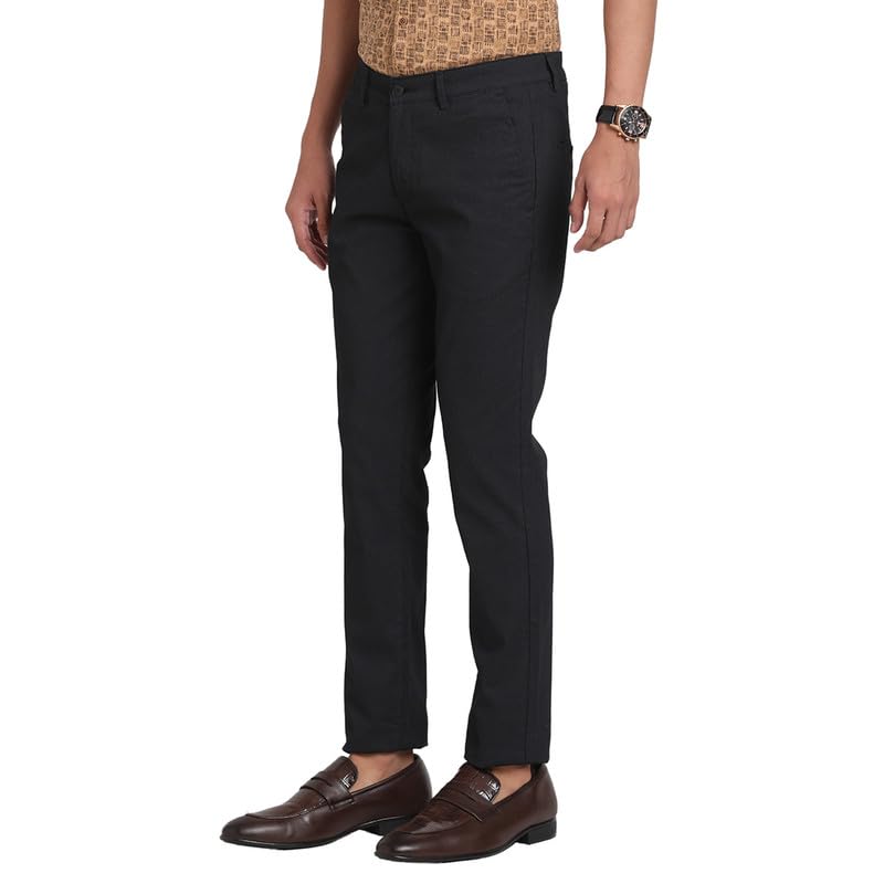 Image of Turtle Men Cotton Stretch Black Printed Narrow Fit Flat Front Casual Trouser