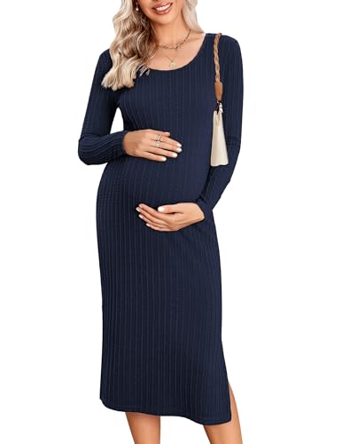 Ekouaer Vestido de Maternidad Casuals Mangas Larga Vestidos Ropa Premama Embarazada Cuello Redondo, Azul Oscuro, XL