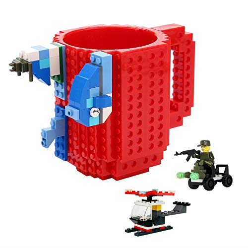 DIY Brick Mug-Fubarbar Creative Building 12oz Coffee Cup, Build On Bricks Desk Drinkware, Funny Toy with 3Pack Blocks for Kid Birthday Gift, Christmas, Party, Xmas (Red)