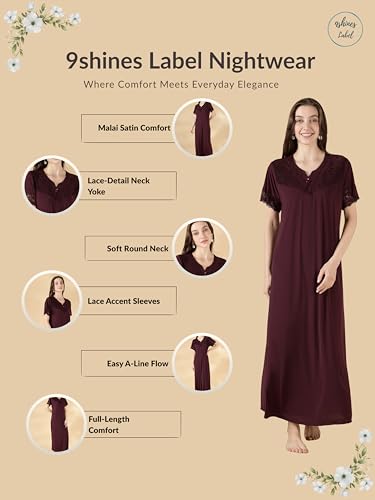 Image of 9shines Label Stylish Soft Modal Maxi Nighty | Honeymoon Nighty | Full Length Trendy Nightgown | V-Neck Lace | Premium Nightdress | Soft Long Nightdress | Maxi Gown Nightwear for Women (Malai Satin)