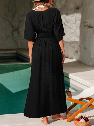 CUPSHE Women Swimsuit Coverup Deep V Neck Half Sleeve Maxi Coverup Dress4