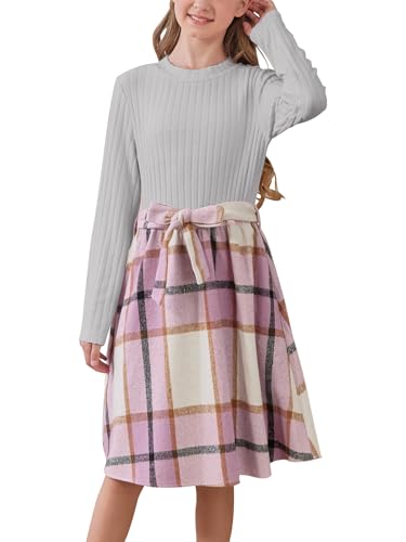 GORLYA Girls Long Sleeve Mock Turtleneck Plaid Contrast Bowknot A-Line Party Dress with Belt 6-14Y (GOR1252,8Y,Pink Plaid)