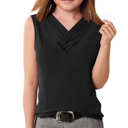 wodceeke Girls V-Neck Tank Tops Summer Sleeveless Tunic Shirts Solid Color Casual Button Cotton Vest4