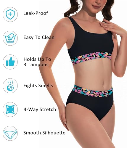 Image of Beautikini Period Swimwear Two Piece Menstrual Leakproof Swimsuit Bikini Sets Mid Waist Print Bathing Suit for Women